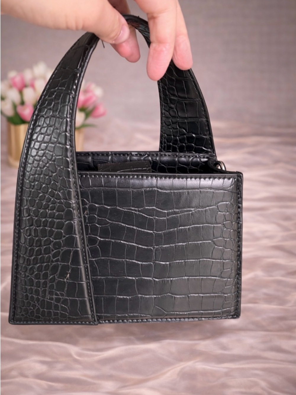 NWT - Zara Black Croc-Embossed Top-Handle Bag